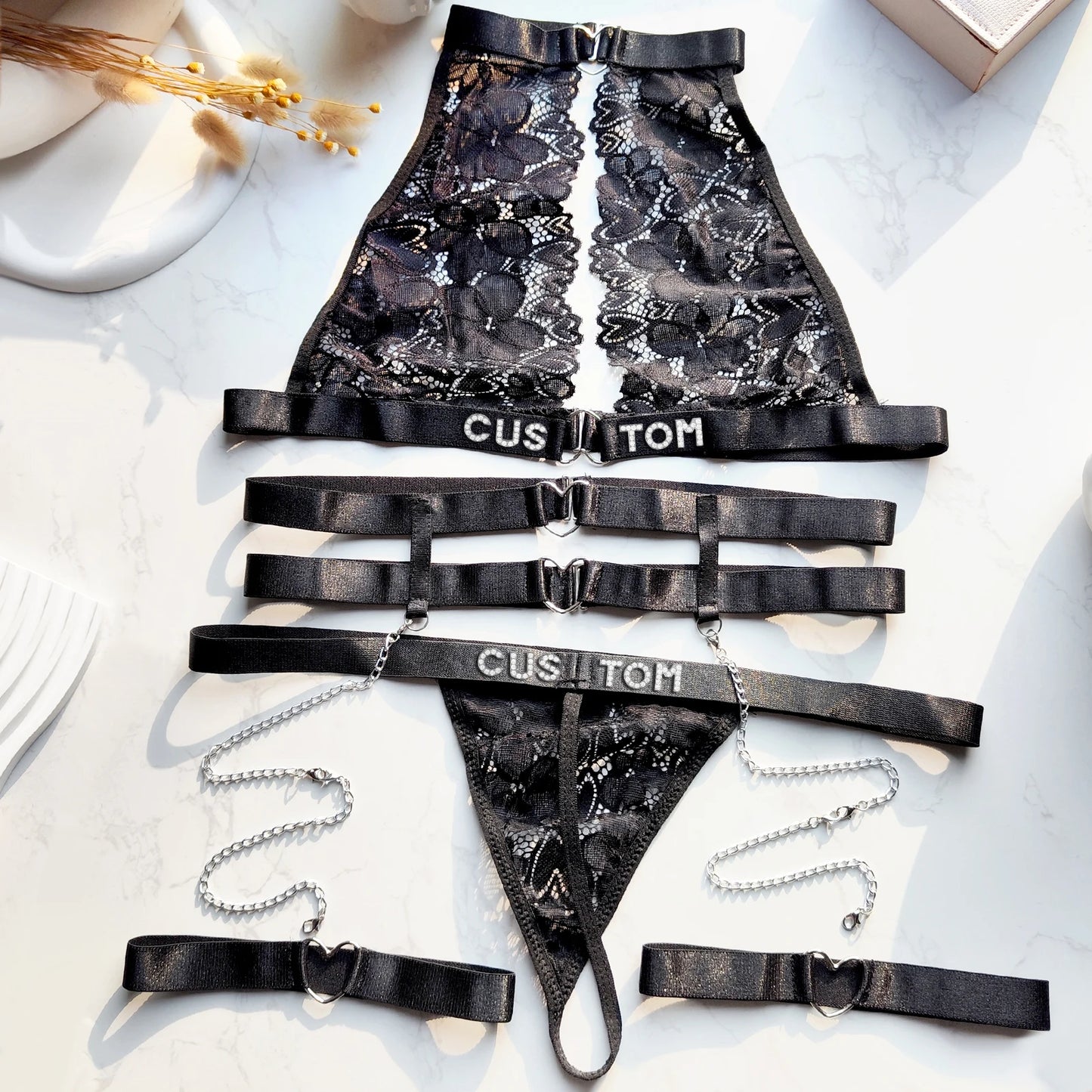 Sexy Customized Name Underwear Set Perspective Fancy Lace Top Set 3 Pieces Transparent See Through Bra and thong Set