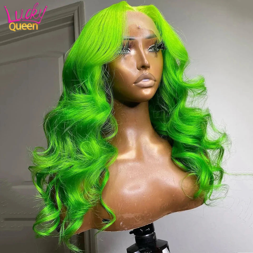 Fluorescent Bright Green 180 Density 13x6 613 Colorful Wigs Body Wave Human Hair Pre Plucked For Women Transparent Lace Frontal