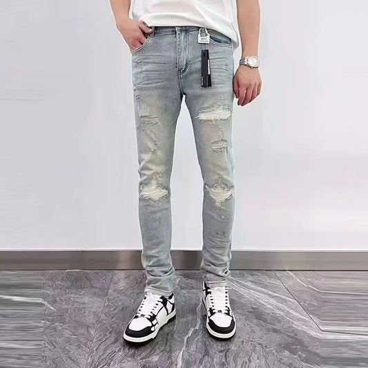 2025 Spring New Ripped Hole Denim Man's Pants Washing Light Blue Hip Hop Slim Fit  Men's Trousers High Street Blue beggar Jeans