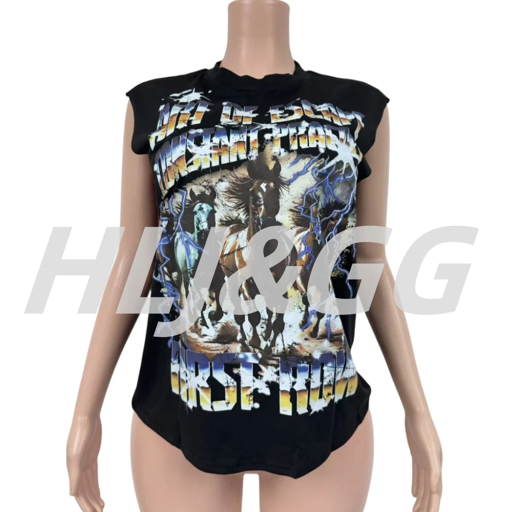 HLJ&GG Fashion Street Letter Print Tshirts Two Piece Sets Women O Neck Sleeveless Top And Shorts Outfits Y2K Female Streetwear