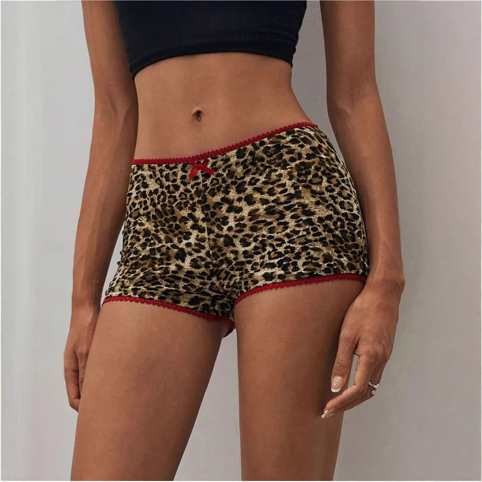 HLJ&GG Y2K Summer New Leopard Print Two Piece Ssets Women O Neck Short Sleeve Tshirts And Bow Shorts Outfits Fashion Streetwear