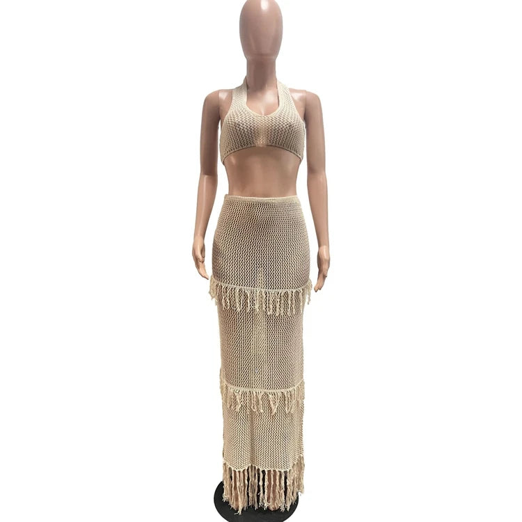 STYLISH LADY Tassel Crochet 2 Piece Set Women Halter Backless Crop Top and Maxi Skirts Suits 2025 Summer Sexy Beach Outfits