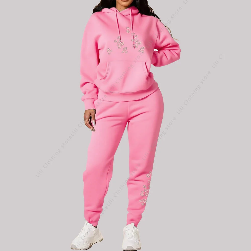 Women's Pants Sets Hoodies Sweatpants Two Piece Outfits Sweatsuit Aesthetic Sportswear Rose Graphic Print Woman Suit Plus Size