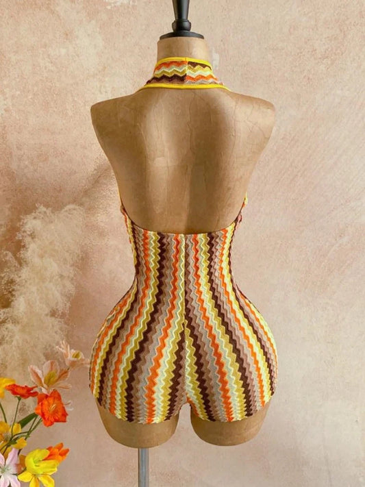 Women's Textured Knitted Bodysuit Orange Striped Circular Decoration Hanging Neck V Neck Jumpsuit Summer Holiday Crochet Romper