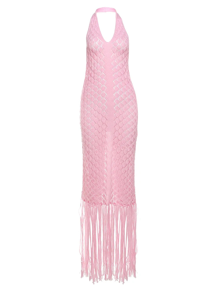 Wired Puss Backless Halter Dress Women Sexy Summer Deep V-Neck Hollow Tassel Solid Patchwork Slim Midnight Party Club Vestidos
