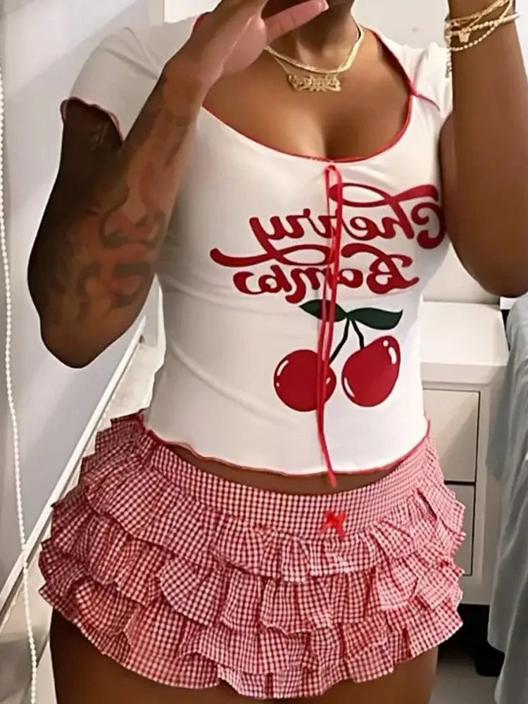 Weird Puss Y2K Tierred Shorts Women Summer Low-waist Plaid Sweet Cake Style Skinny Culotes Street Hottie Trend Party Clubwear