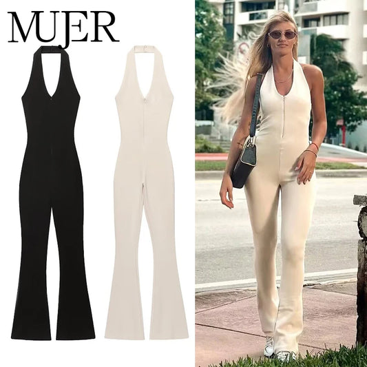 MUJER 2025 Long Jumpsuit Flared Fitness Jumpsuits for ladies Black Summer Jumpsuit Sexy Sleeveless Backless Overalls