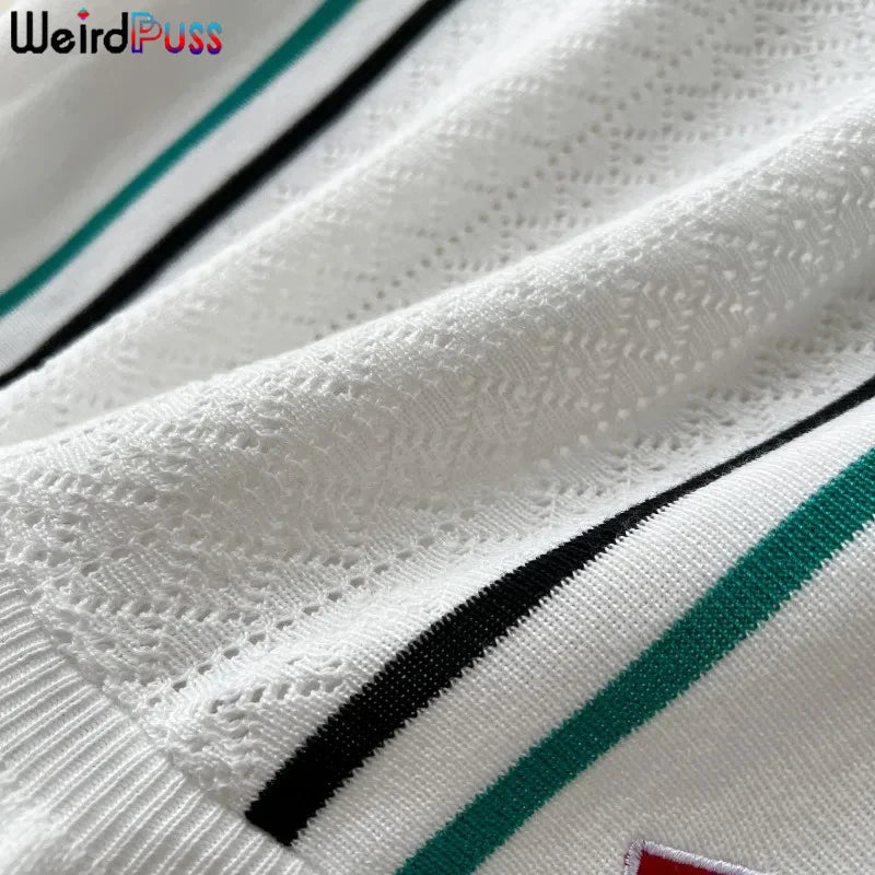 Weird Puss Contrast Stripe Dress Women Knitted Polo-Neck Short Sleeve Ruffles Stretch Hem Casual Trend Streetwear Mini Bodycon