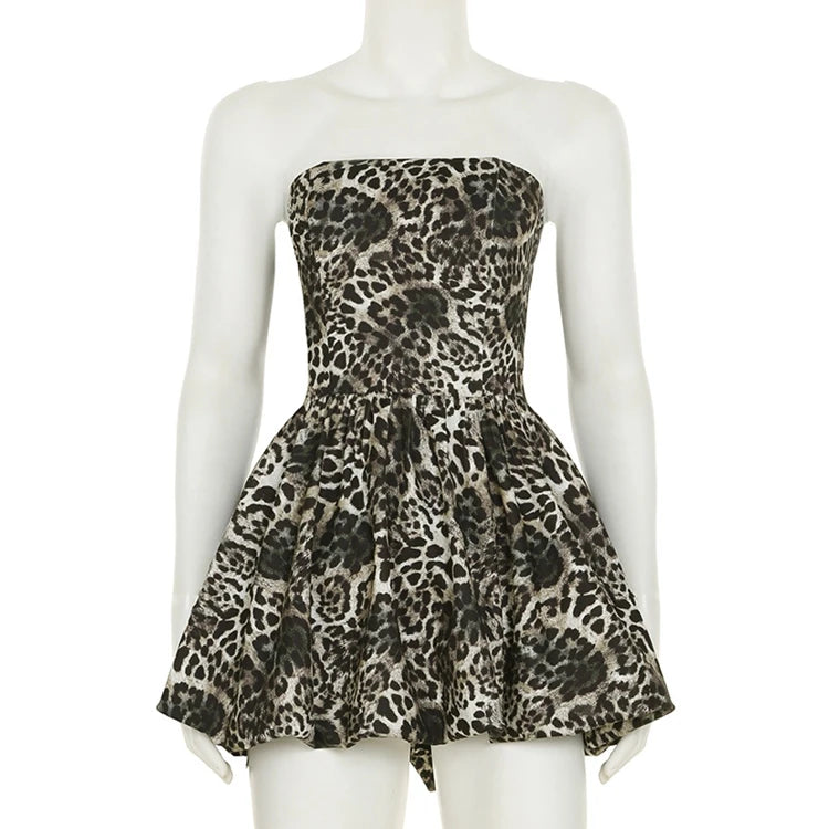 STYLISH LADY Leopard Printed Bud Dress 2025 Spring Strapless Backless Patchwork Sexy Club Party Mini Vestidos De Festa