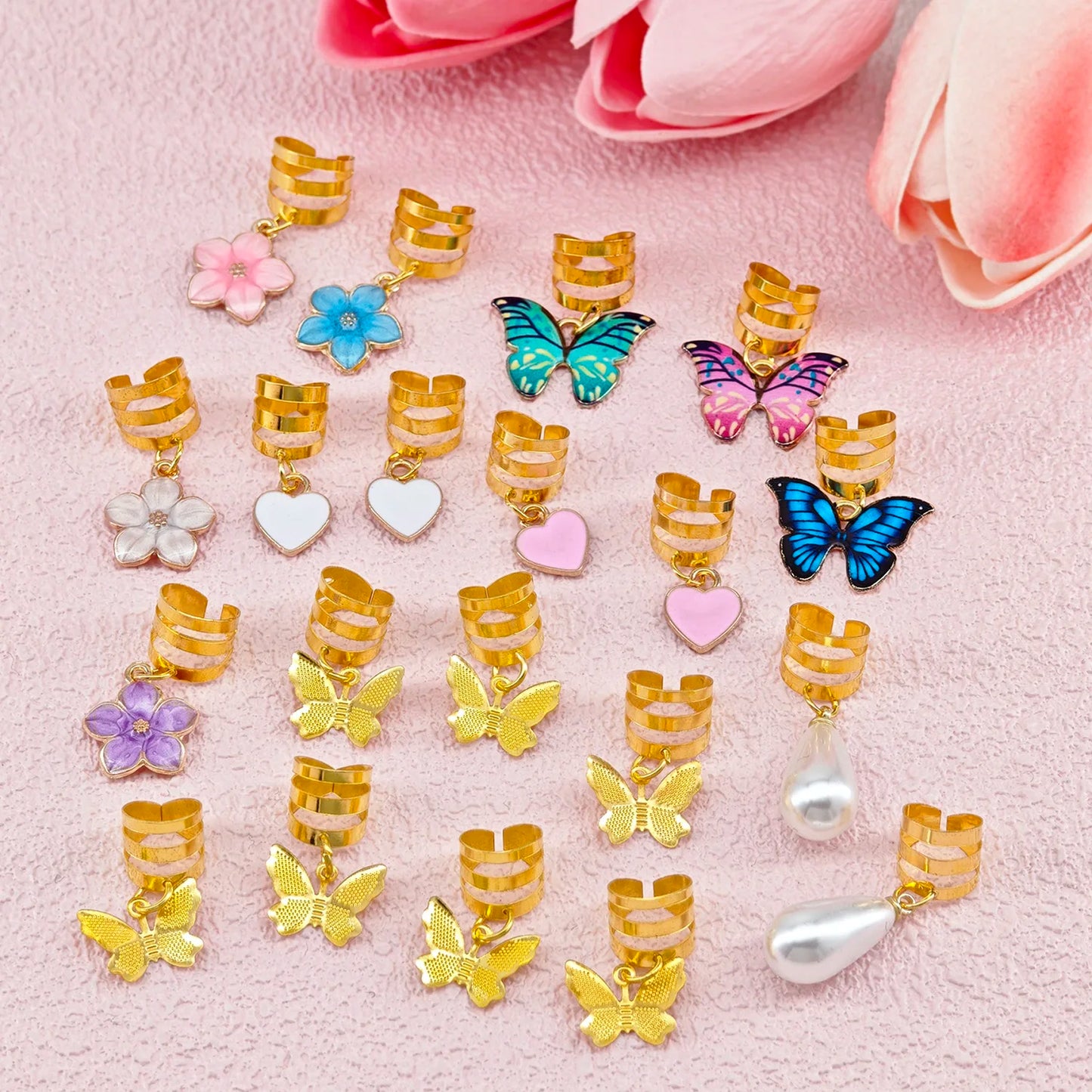 20Pcs Butterfly Braid Clips Crystal Dreadlock Hair Accessories Colorful Butterflies Pendant Charms Pearl Shiny Hair Jewelry