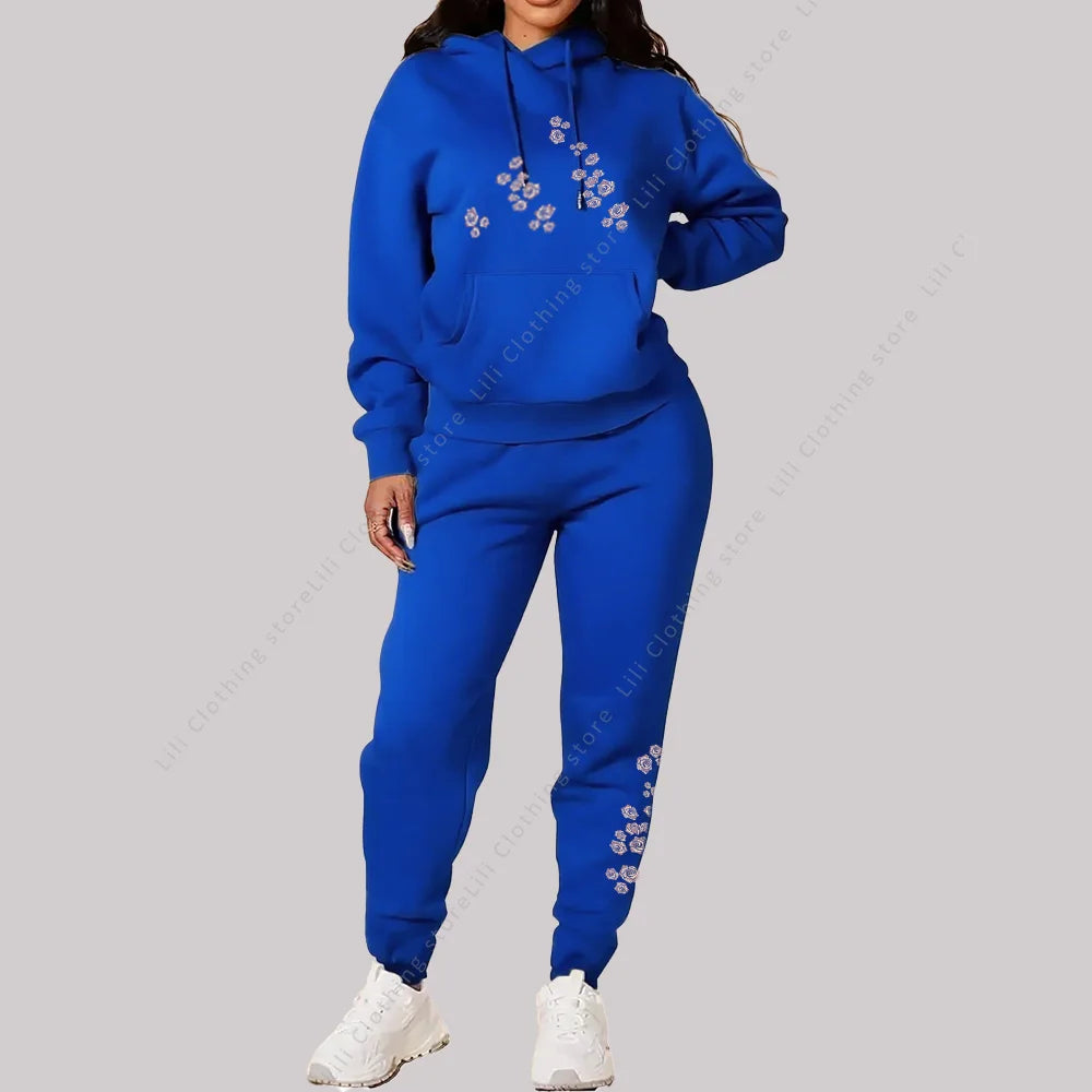 Women's Pants Sets Hoodies Sweatpants Two Piece Outfits Sweatsuit Aesthetic Sportswear Rose Graphic Print Woman Suit Plus Size