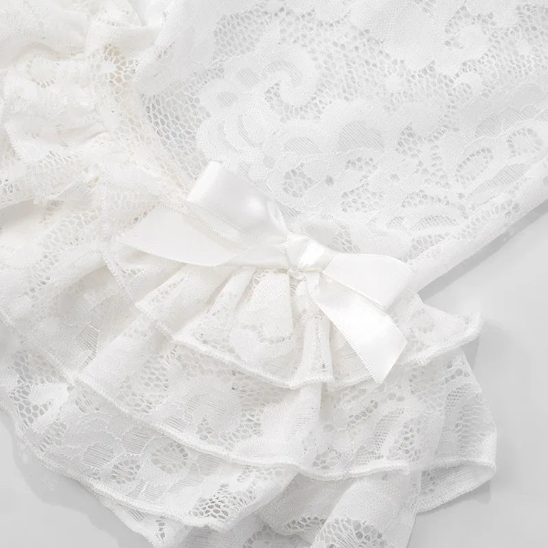 HLJ&GG Y2K Fashion Lace Bandage Hollow Out Two Piece Sets Women Off Shoulder Short Sleeve Slim Crop Top And Ruffle Shorts Outfit