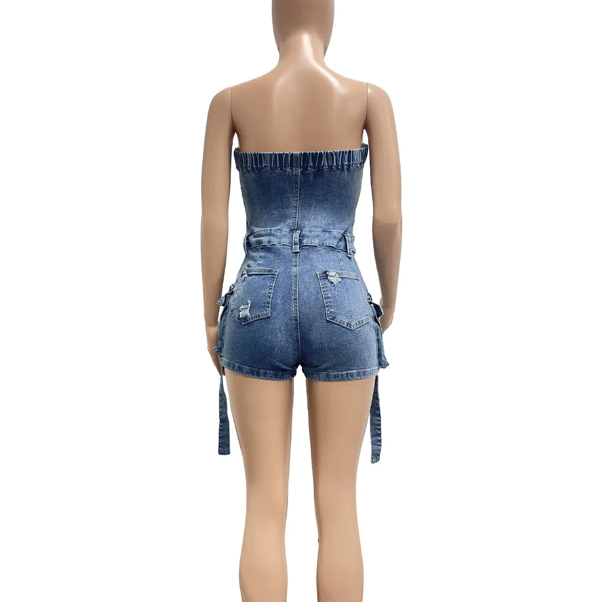 HLJ&GG Blue Sexy jeans Pocket Cargo Bodycon Rompers Women Off Shoulder Sleeveless Backless Slim Jumpsuit Fashion Cowboy Playsuit