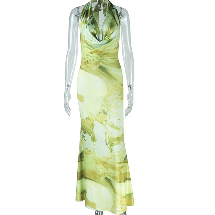 STYLISH LADY Floral Printed Backless Dress 2025 Summer Women Sleeveless Halter Bodycon Sexy Club Party Long Maxi Dresses