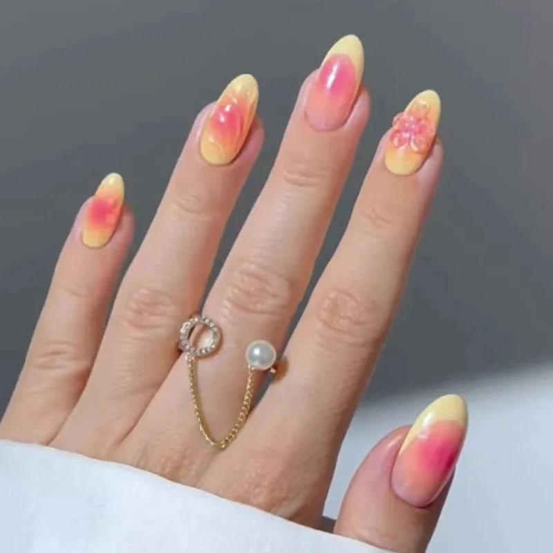 24pcs 3D Pink Flower Design Fake Nails Ins Gradient Pink Sweet False Nail Detachable French Almond Press on Nails for Women Girl
