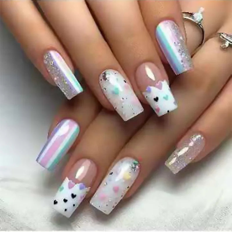 24pcs White French Ballet Fake Nails with Pink Bow Design Sweet Girl False Nails Wearable Ins Simple Pearl Decor Press on Nails