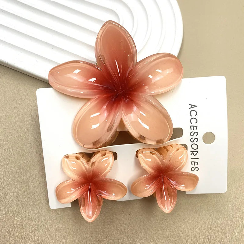 3Pcs Sweet Colorful Plumeria Flower Shark Clip Hair Claw Bohemian Ponytail Clip Plastic Hairpin Barrette Summer Hair Accessories