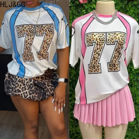 HLJ&GG Fashion Y2K Letter Leopard Puffy Mini Skirts Two Piece Sets Women Round Neck Short Sleeve Top + Skirts Outfits Streetwear