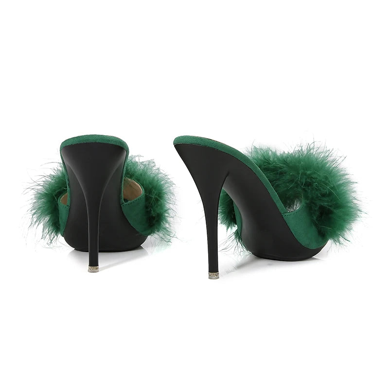 10CM Thin High Heel Designer Plus Size Summer Slippers For Ladies 2025 New Furry Slip-on Women's Shoes Pink Fur Slides Sandals