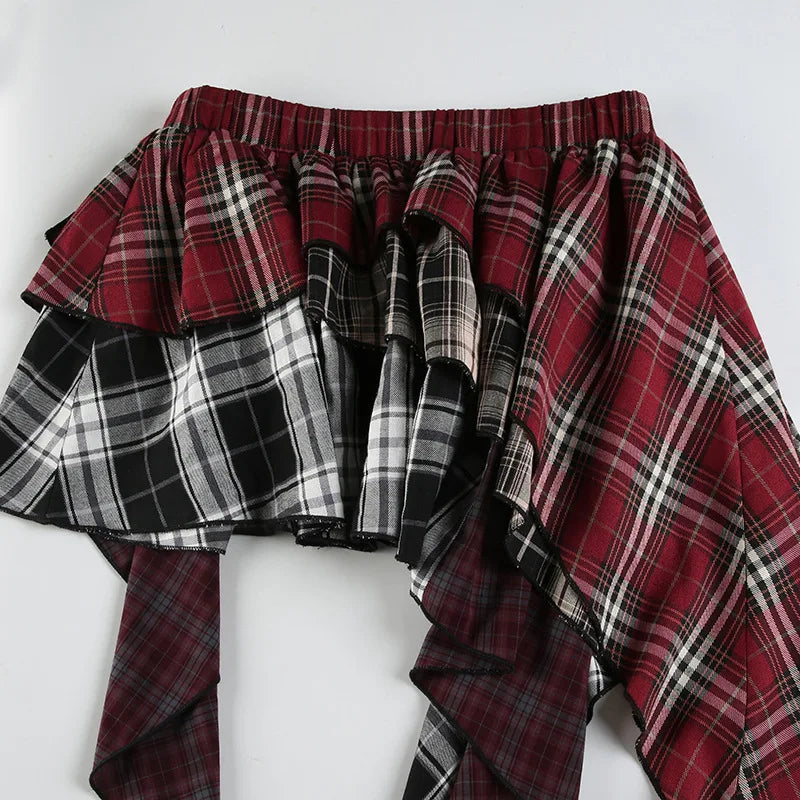 HLJ&GG Fashion Plaid Printing Irregular Mini Skirts Two Piece Sets Women O Neck Short Sleeve Top And Skirts Outfits Streetwear