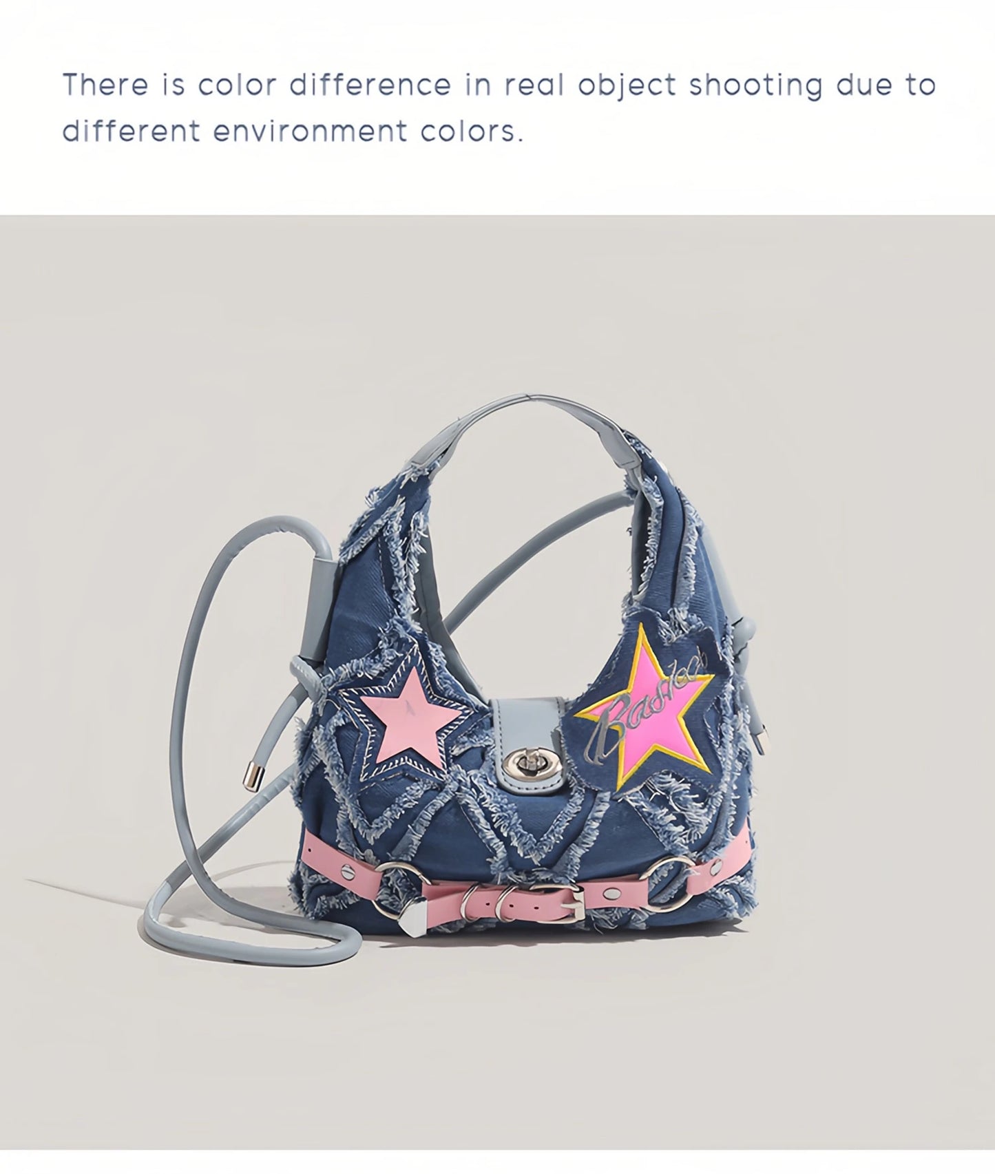 y2k Hot Girl style pink five-pointed star applied-designed fringed jeans crossbody bag A-DH