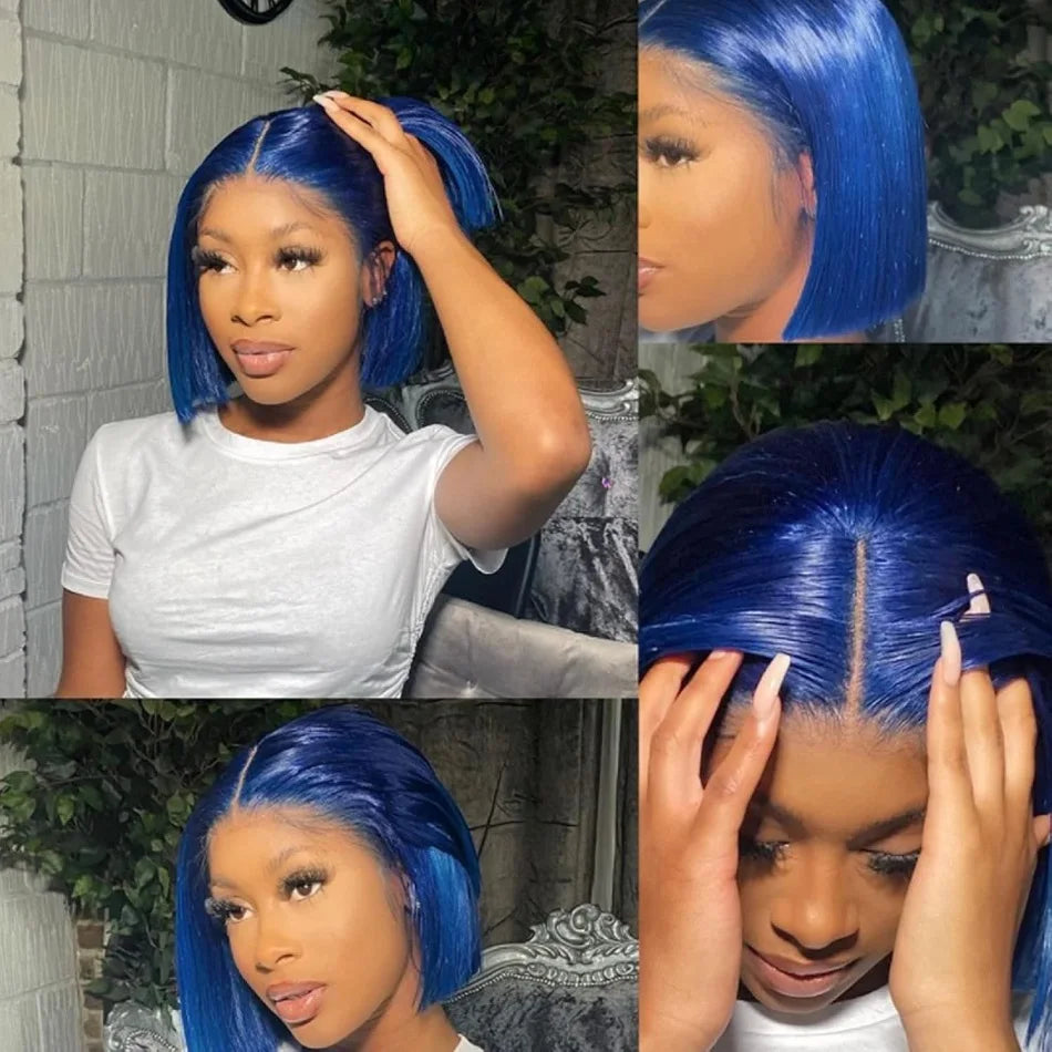 10 12 14 Inches Blue Straight Lace Frontal Human Hair Wigs Navy Blue 13x4 Lace Front Wig Royal Blue Colored Short Bob Wigs