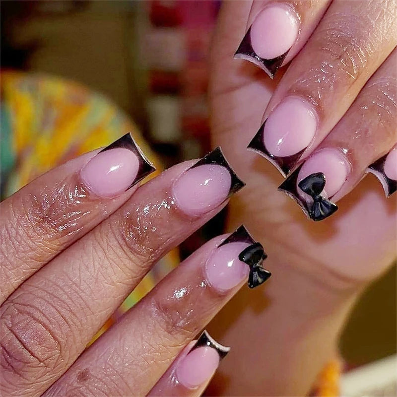 White French Press on Nails 3D Bowknot Fake Nails Tips Full Cover Wearable False Nails for Women and Girls DIY 24Pcs