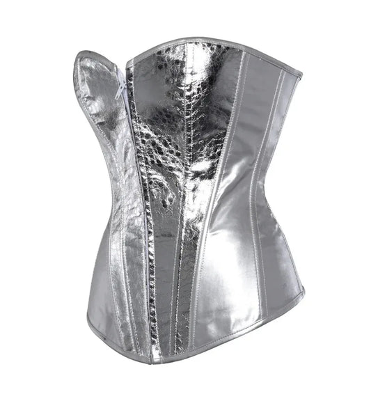 Women Silver Gold Vintage Style Overbust Corset Gothic Leather Steampunk Zip Nightclub Bustier Corselet Top Burlesque Lingerie