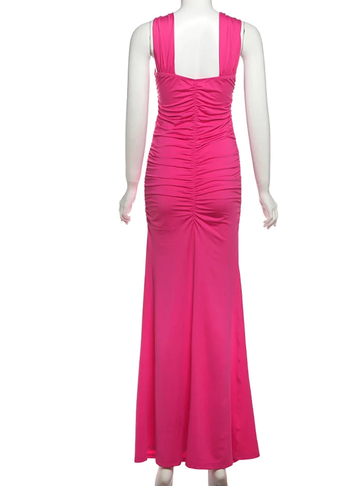 Weird Puss Sexy Hollow Maxi Dress Women V-Neck Off Shoulder Ruched Skinny Peach Hip Midnight Fashion Prom Party Elegant Vestidos