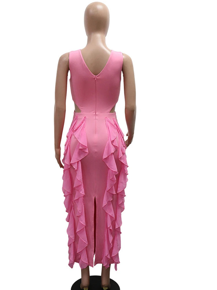 Kricesseen Stylish Deep V Neck Ruffles Tierred Long Party Dresses For Women Cute Pink Ruched Night Out Vestidos Outfits Clubwear