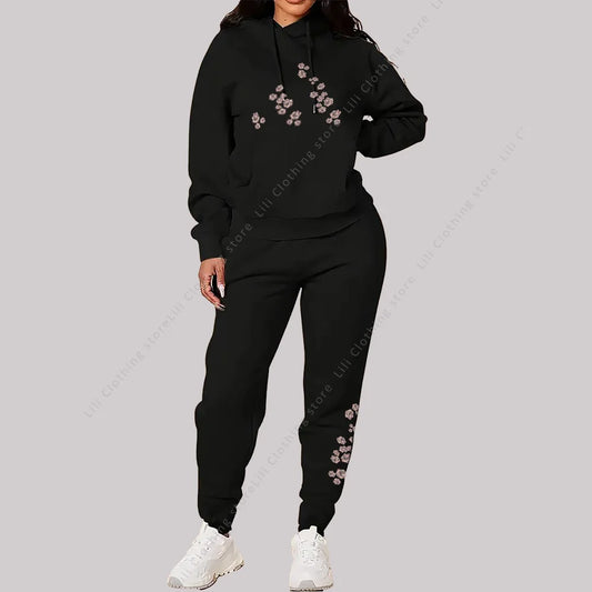 Women's Pants Sets Hoodies Sweatpants Two Piece Outfits Sweatsuit Aesthetic Sportswear Rose Graphic Print Woman Suit Plus Size