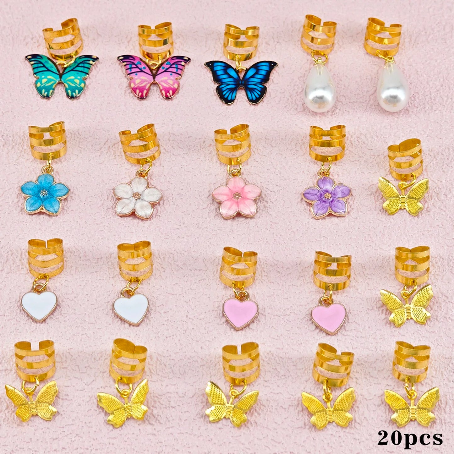 20Pcs Butterfly Braid Clips Crystal Dreadlock Hair Accessories Colorful Butterflies Pendant Charms Pearl Shiny Hair Jewelry
