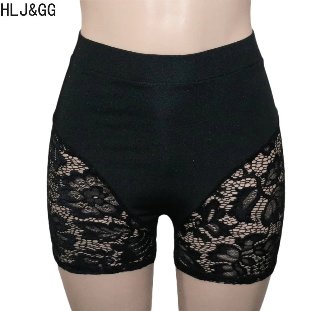 HLJ&GG Sexy Lace Hollow See Though Two Piece Sets Women V Neck Spaghetti Strap Slim Crop Top + Shorts Outfits Fashion Streetwear