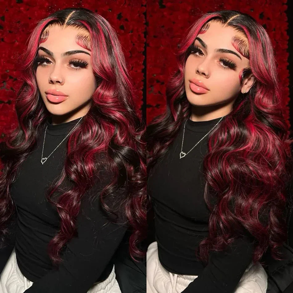 1B/99J Omber Black With Red 5x5 Highlight Lace Front Closure Body Wave Glueless Wigs Human Hair Brazilian Burgundy Colored Wigs