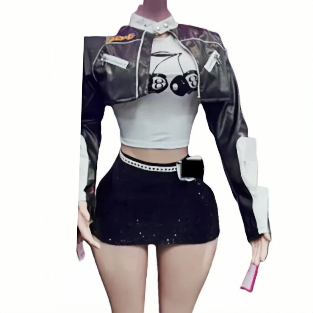 HLJ&GG Black Leather Jacket Fashion Streetwear Women Zip Long Sleeve Crop Top+Tshirts+Sequin Shorts 3 Piece Sets Female Clothing