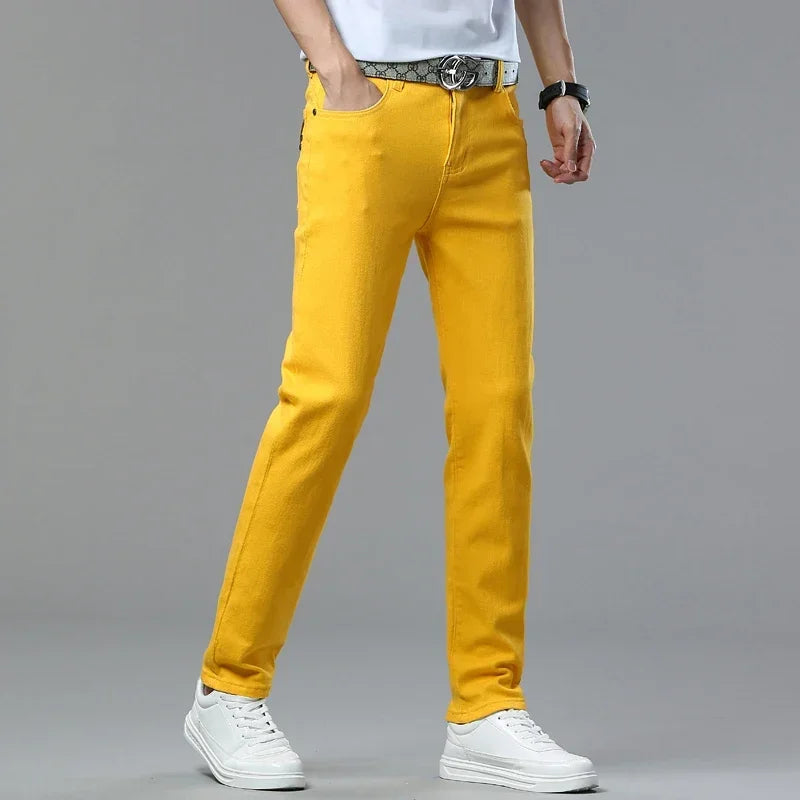 White Yellow Pink Red Fashion 5 Color Fashion Men's Stretch Jeans Slim Streetwear Korean Business Straight Casual Denim Trousers