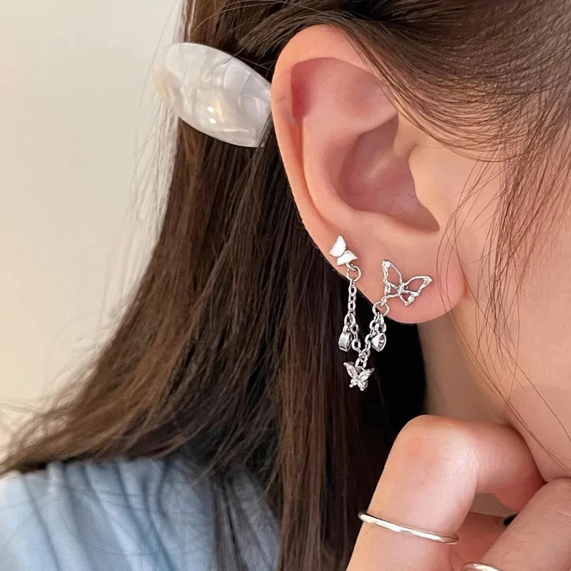 1PCS Pink Love Heart Chain Double Ear Hole 316L Stainless Steel Ear Bone Nail Y2K Fashion Hottie Earrings for Women Jewelry