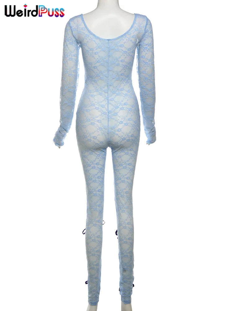 Weird Puss See Through Jumpsuit Sexy Women Summer Fashion Coquette Low-Neck Midnight Clubwear Skinny Elastic Workout Overalls