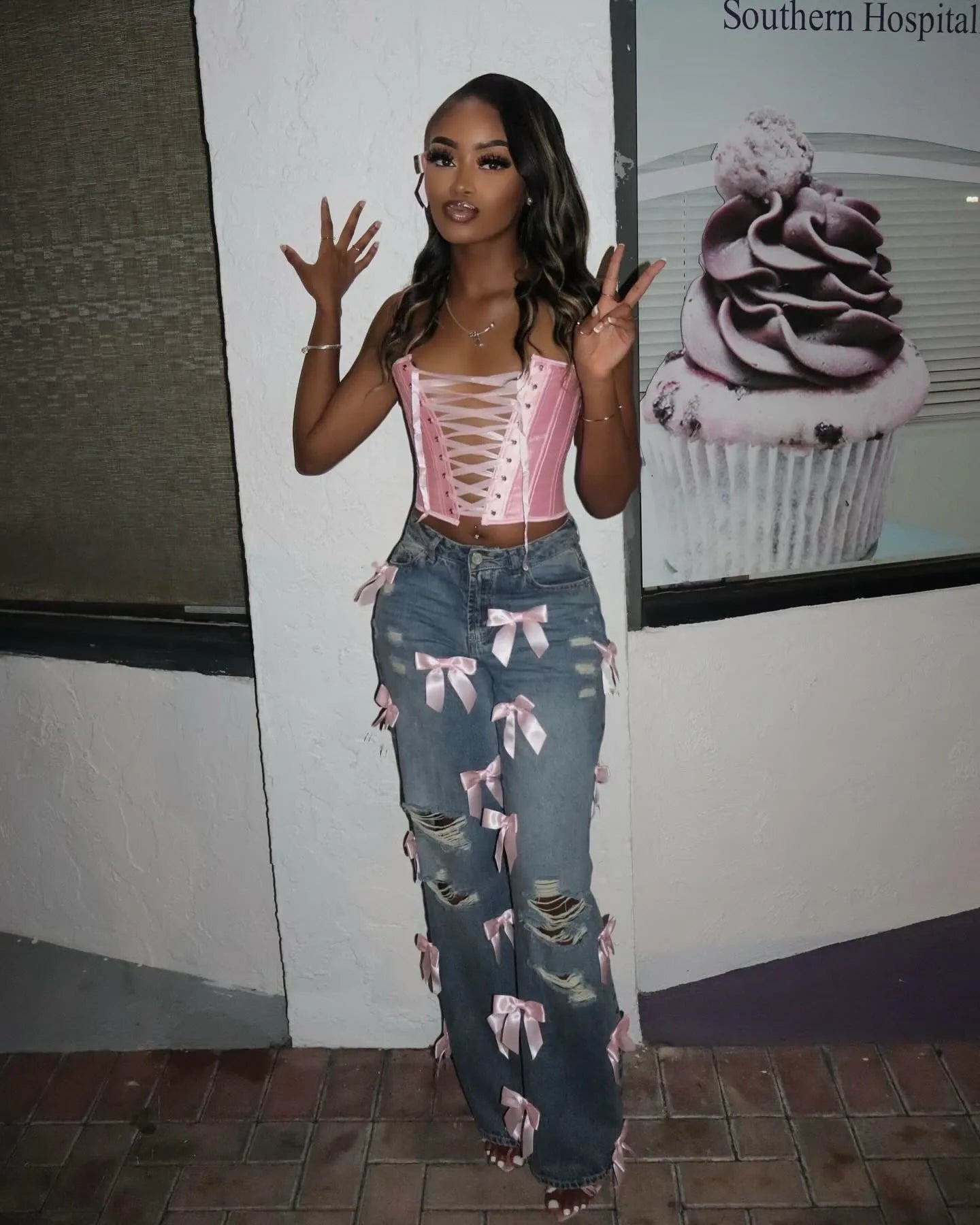 HLJ&GG Y2K Fashion Bow Sweet Straight Jeans Pants Women High Waisted Button Pocket, Hot Girl Streetwear Bottoms 2025