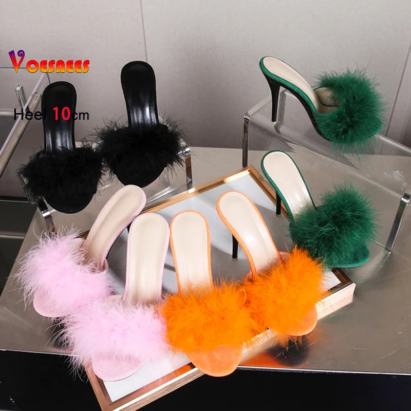 10CM Thin High Heel Designer Plus Size Summer Slippers For Ladies 2025 New Furry Slip-on Women's Shoes Pink Fur Slides Sandals