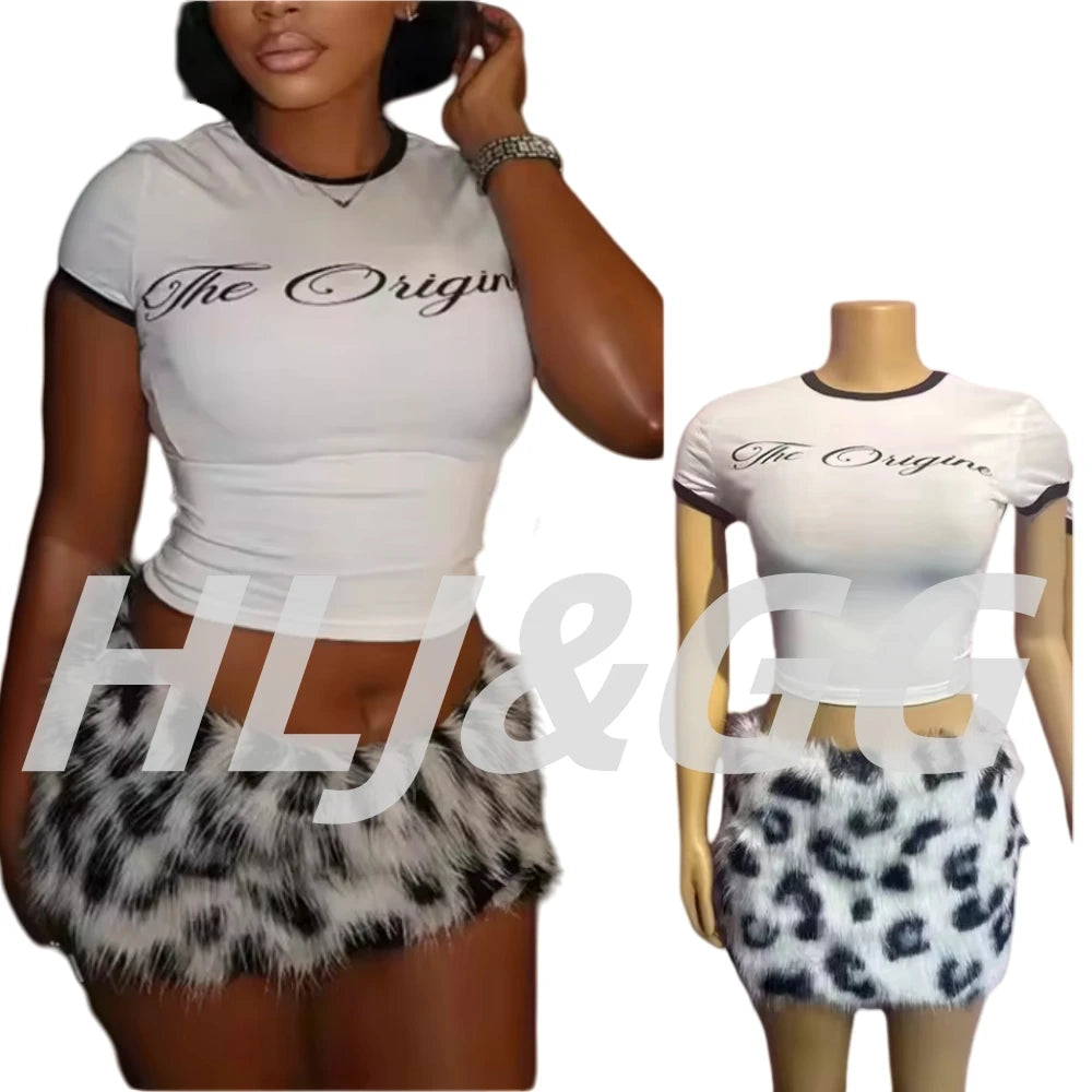 HLJ&GG Summer New Y2K Letter Print Two Piece Sets Women O Neck Short Sleeve Slim Crop Top And Fur Mini Skirts Outfits Streetwear