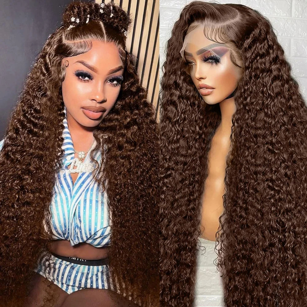 Chocolate Brown 13x4 Kinky Curly Lace Front Human Hair Wigs Pre Plucked Colored 13x6 Deep Wave Transparent Lace Frontal Wig