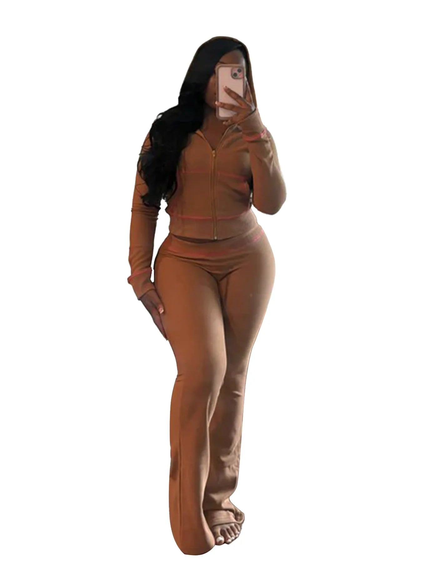 HLJ&GG Spring New Waffle Flare Pants Two Piece Sets Women Zip Hooded Long Sleeve Top + Pants Outfits Casual Sporty 2pcs Clothing