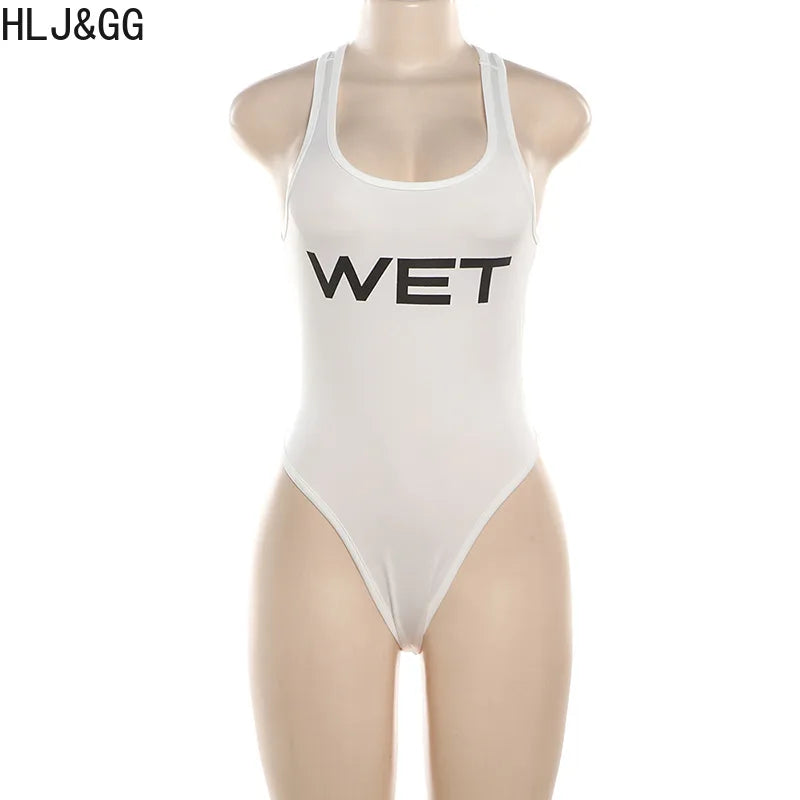 HLJ&GG Sexy Hot Girl Letter Print Bodysuits Two Piece Sets Women Round Neck Sleeveless Top And Shorts Outfits Fashion Streetwear