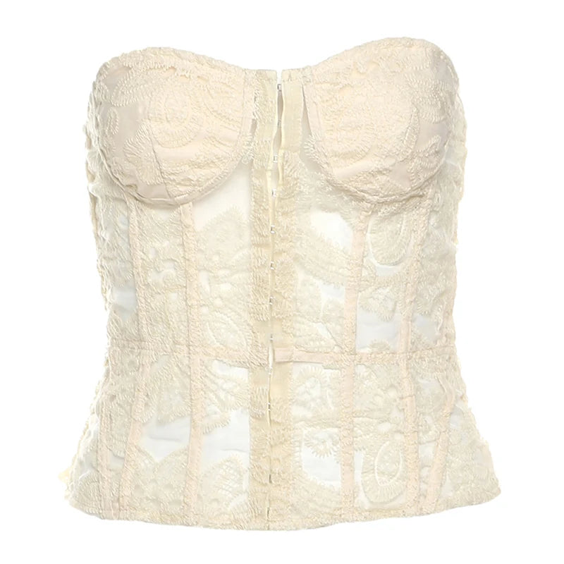 Weird Puss See Through Women Corset Top Warp Sleeveless Lace Concealed Metal Buckle Backless Sexy Summer Trend Midnight Mini Top