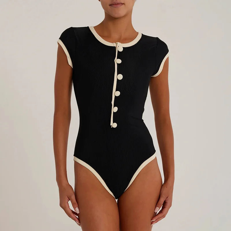 STYLISH LADY Ribbed Button Bodysuits 2025 Summer Women Short Sleeve O Neck Black Nude Sexy Club Street Bodycon Rompers