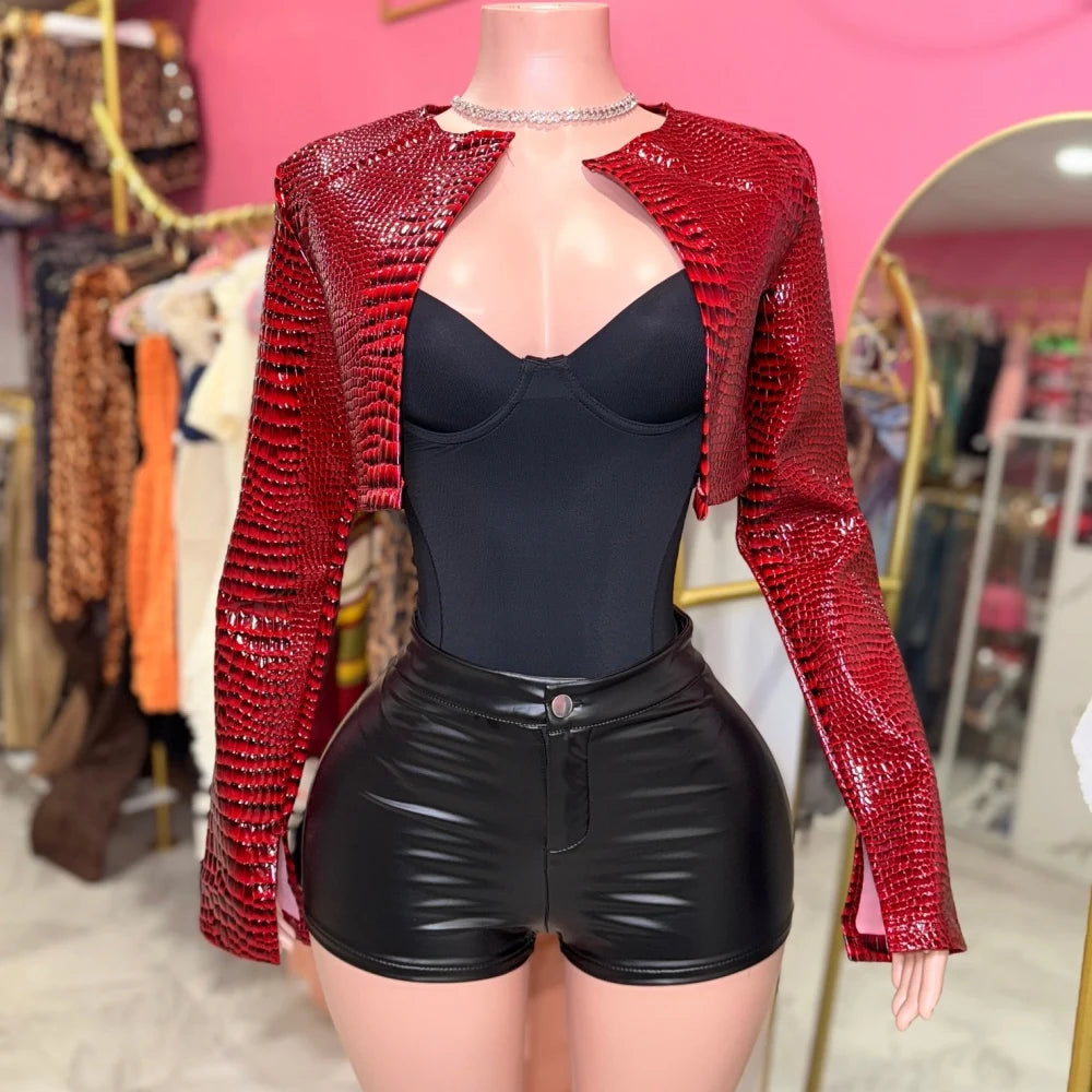 HLJ&GG Fashion Y2K Hot Girl Streetwear Women Leather Long Sleeve Crop Jacket+Bodysuits+Button Shorts 3 Piece Sets Outfits 2025