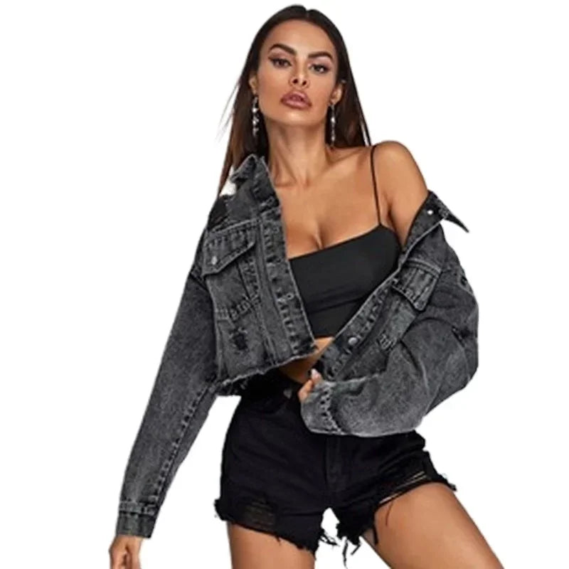 Donsignet Women's Jeans Jacket Spring Autumn New Fashion Burr Hole Coats Button Pockets Long Sleeve Black Casual Tops
