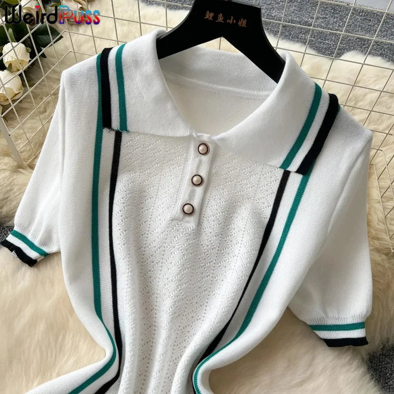 Weird Puss Contrast Stripe Dress Women Knitted Polo-Neck Short Sleeve Ruffles Stretch Hem Casual Trend Streetwear Mini Bodycon