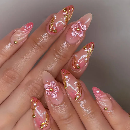 24pcs Flower Pattern Fake Nail Korean Sweet Pink Almond False Nail Tips for Lady Girl Wearable Detachable Simple Press on Nails